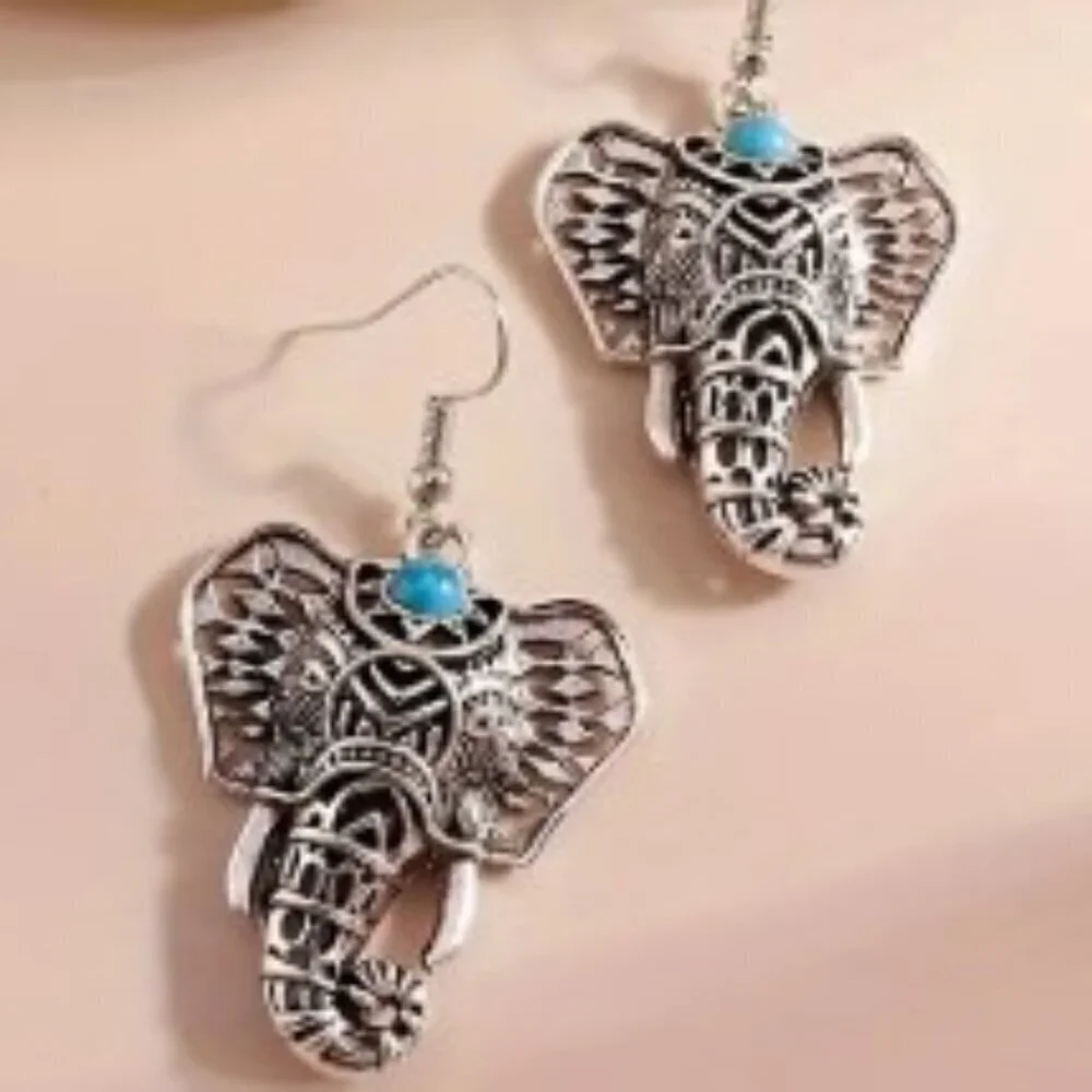 Bohemian Elephant Dangle Earrings Turquoise Accents, Zinc Alloy Iron Ear Hooks